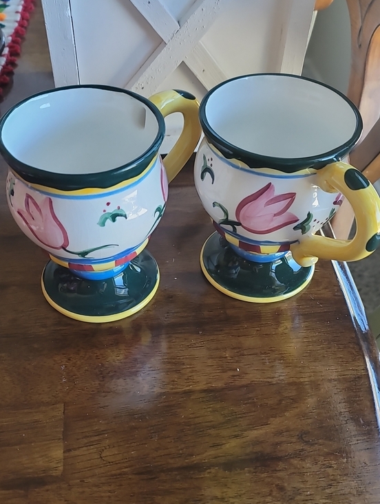 CBK LTD Other - Floral Ceramic Pedestal Mugs - Yellow & Green (Set of 2) Vintage 1997 Ltd CBK